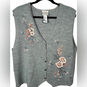 Napa Valley‎ Petites Grey Embroidered Button Bead Floral Wool Blend Sweater Vest